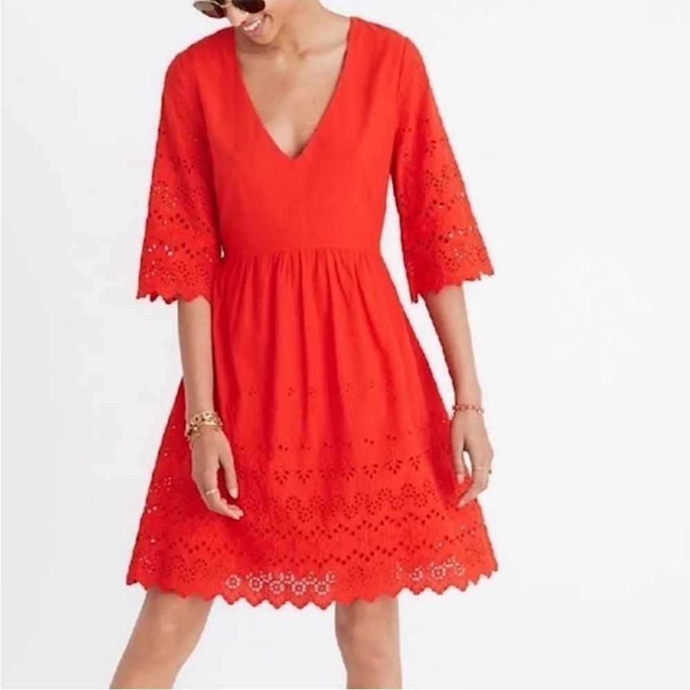 Madewell Women’s Eyelet Lattice Deep V Neck Mini Dress in Red Size 8